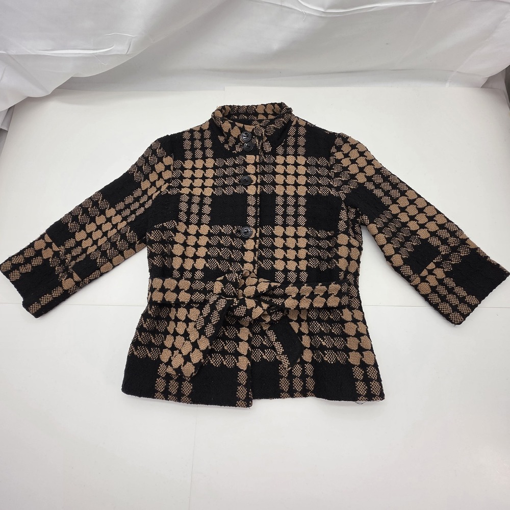 Grace Elements Women's Belted Jacket Size 12 Black Tan Textured Wool Blend...